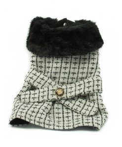 Abrigo perros pequeños Elegante Cuello Pelo Negro Color Blanco Boton Espalda Ropa Perros Invierno (1)