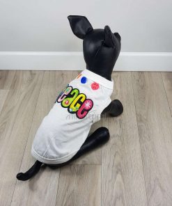 camiseta blanca para perros pequeños con palabra peace paz en ingles en la espalda