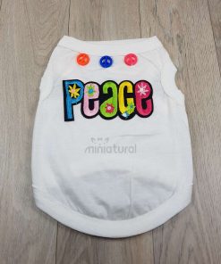camiseta blanca para perros pequeños con palabra peace paz en ingles en la espalda