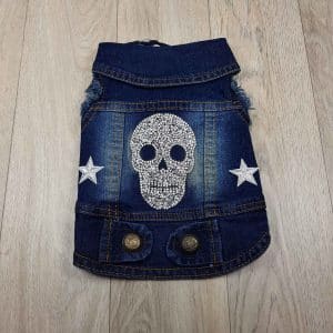 ALT ropa vaquera para perros chaqueta vaquera con calavera de brillantes blancos en la espalda y 2 estrellas