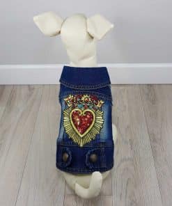 ALT ropa vaquera para perros chaqueta vaquera con corazón y corona con relieve en la espalda y detalle de adornos de piedras rosas