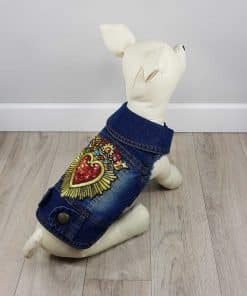ALT ropa vaquera para perros chaqueta vaquera con corazón y corona con relieve en la espalda y detalle de adornos de piedras rosas