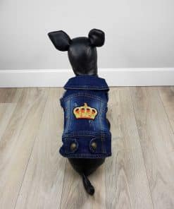 ALT ropa vaquera para perros chaqueta vaquera con corona dorada y roja n la espalda y 6 piedras rojas