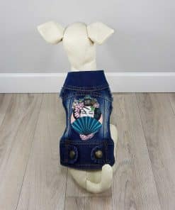 ALT ropa vaquera para perros chaqueta vaquera con dibujo de geisha japonesa en la espalda y detalle de adornos de piedras rosas ideal para bichon maltes