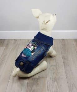 ALT ropa vaquera para perros chaqueta vaquera con dibujo de geisha japonesa en la espalda y detalle de adornos de piedras rosas ideal para bichon maltes