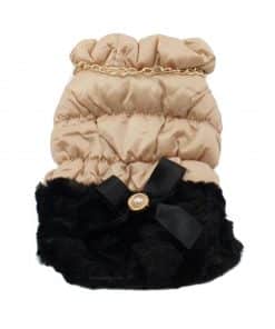 Elegante Abrigo Plumon Perra Dorado Falda Negra Lazo Ropa Perros Invierno (2)