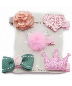 Set Ganchito Pelo Perro Rosa Gris Corona Lazo Flor