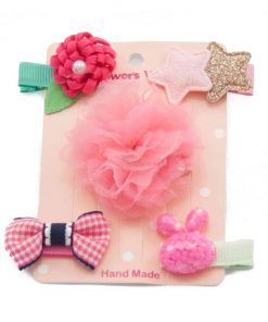 Set Ganchito Pelo Perro Rosa Lazo Flor Verde